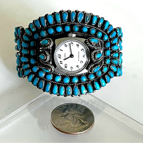 Signed,Navajo Old Pawn Vntg Sleeping Beauty Turquoise Sterling Watch Cuff - Picture 5 of 10